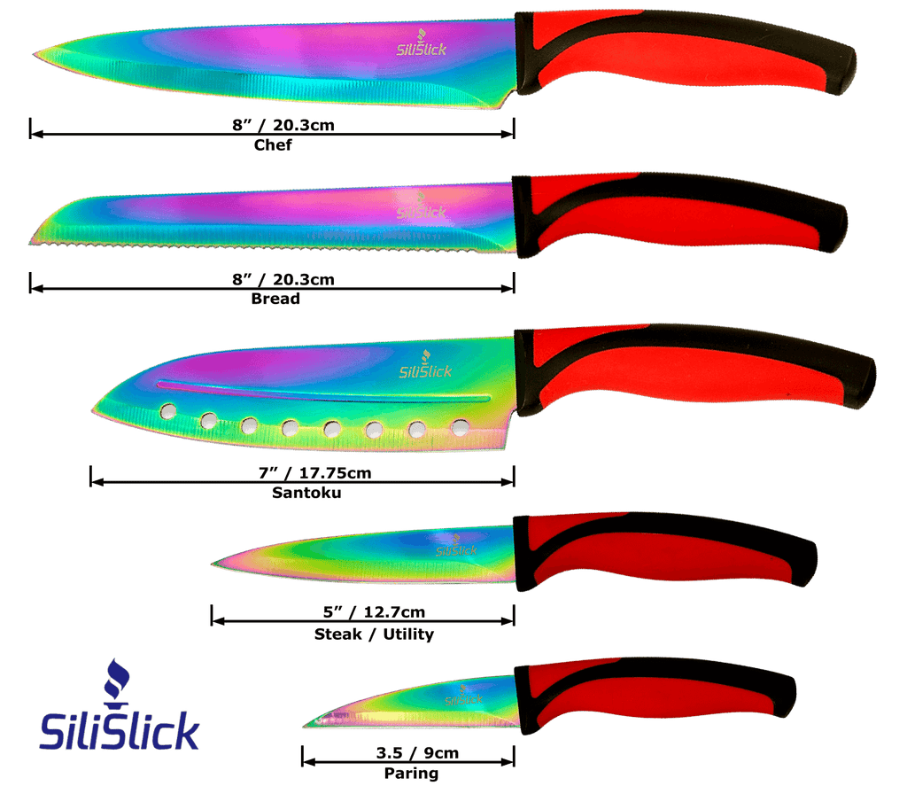 Kitchen Knife Set Kit | Red Handles | Red Magnetic Rack & sharpener