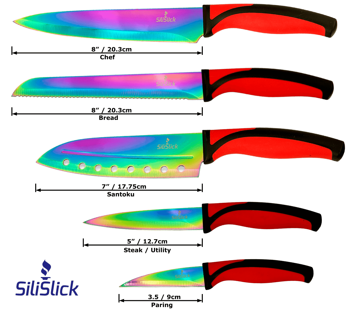 Kitchen Knife Set Kit | Red Handles | Red Magnetic Rack & sharpener