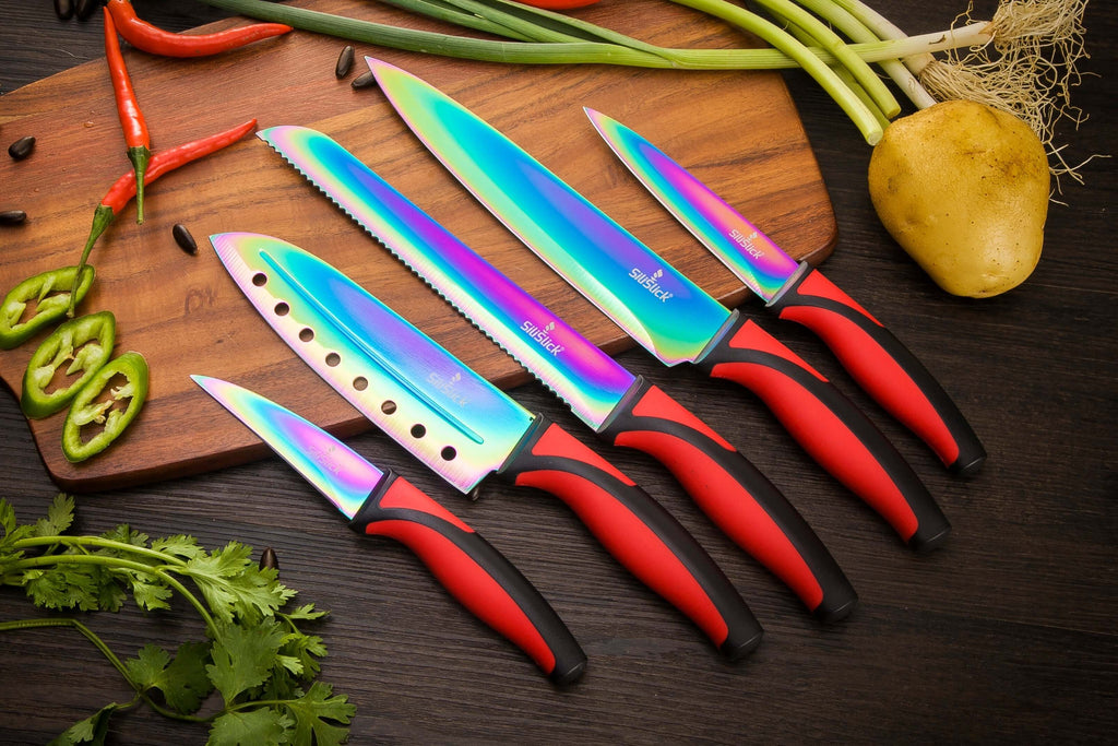 Kitchen Knife Set Kit | Red Handles | Red Magnetic Rack & sharpener