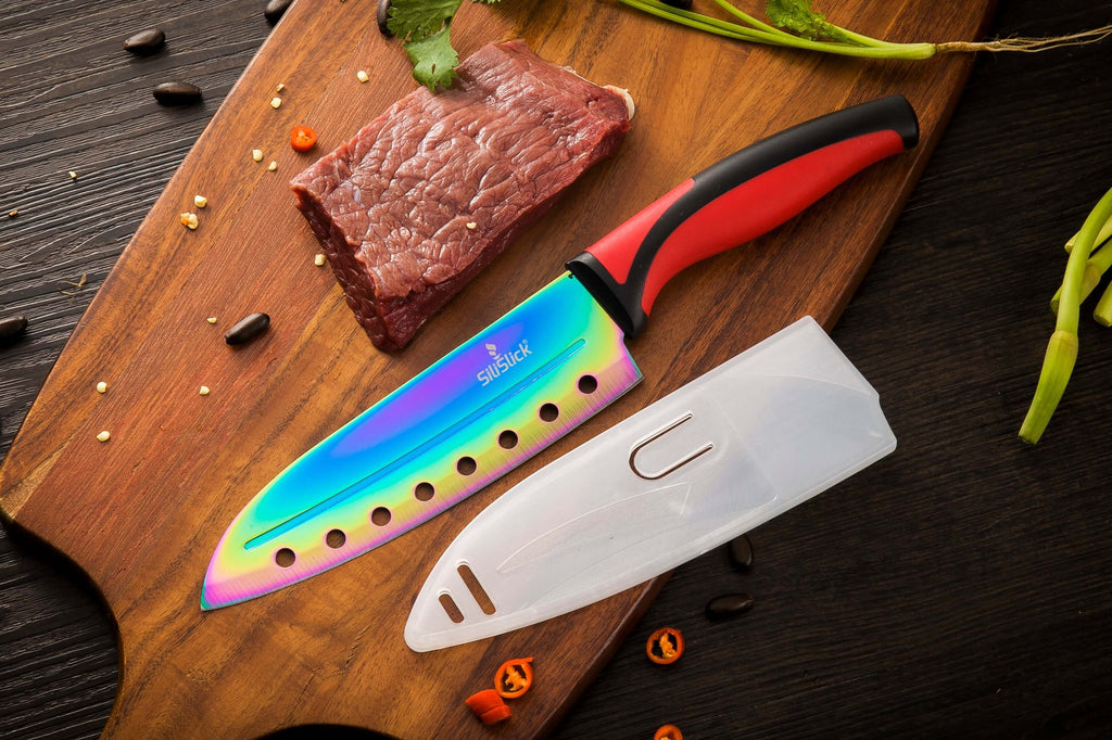 Kitchen Knife Set Kit | Red Handles | Red Magnetic Rack & sharpener