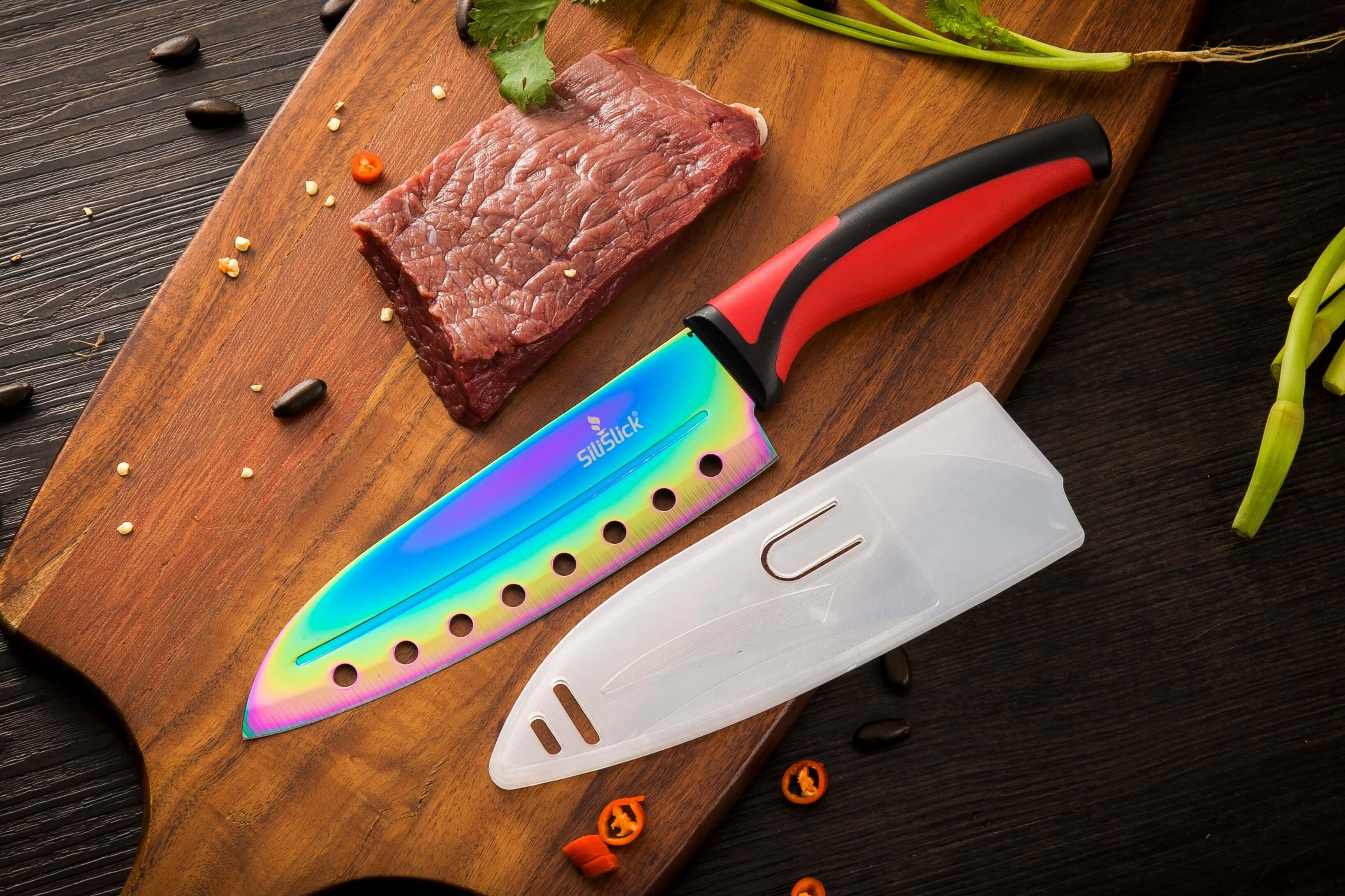 Kitchen Knife Set Kit | Red Handles | Red Magnetic Rack & sharpener