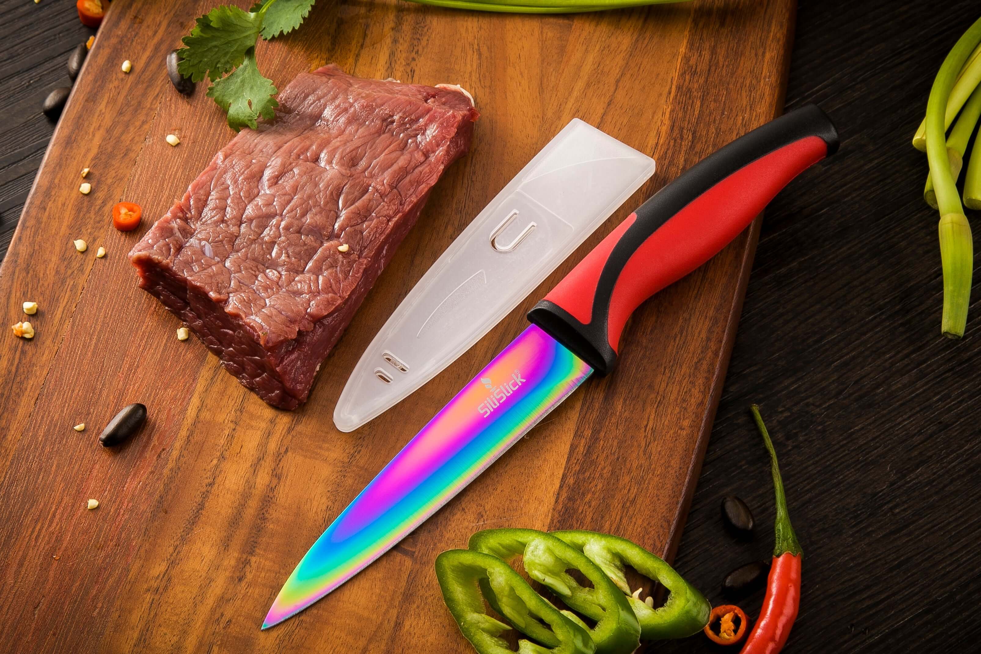 Kitchen Knife Set Kit | Red Handles | Red Magnetic Rack & sharpener