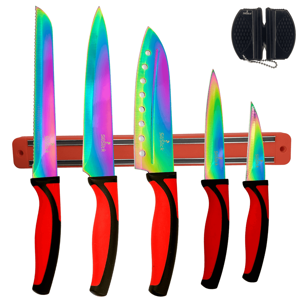 Kitchen Knife Set Kit | Red Handles | Red Magnetic Rack & sharpener
