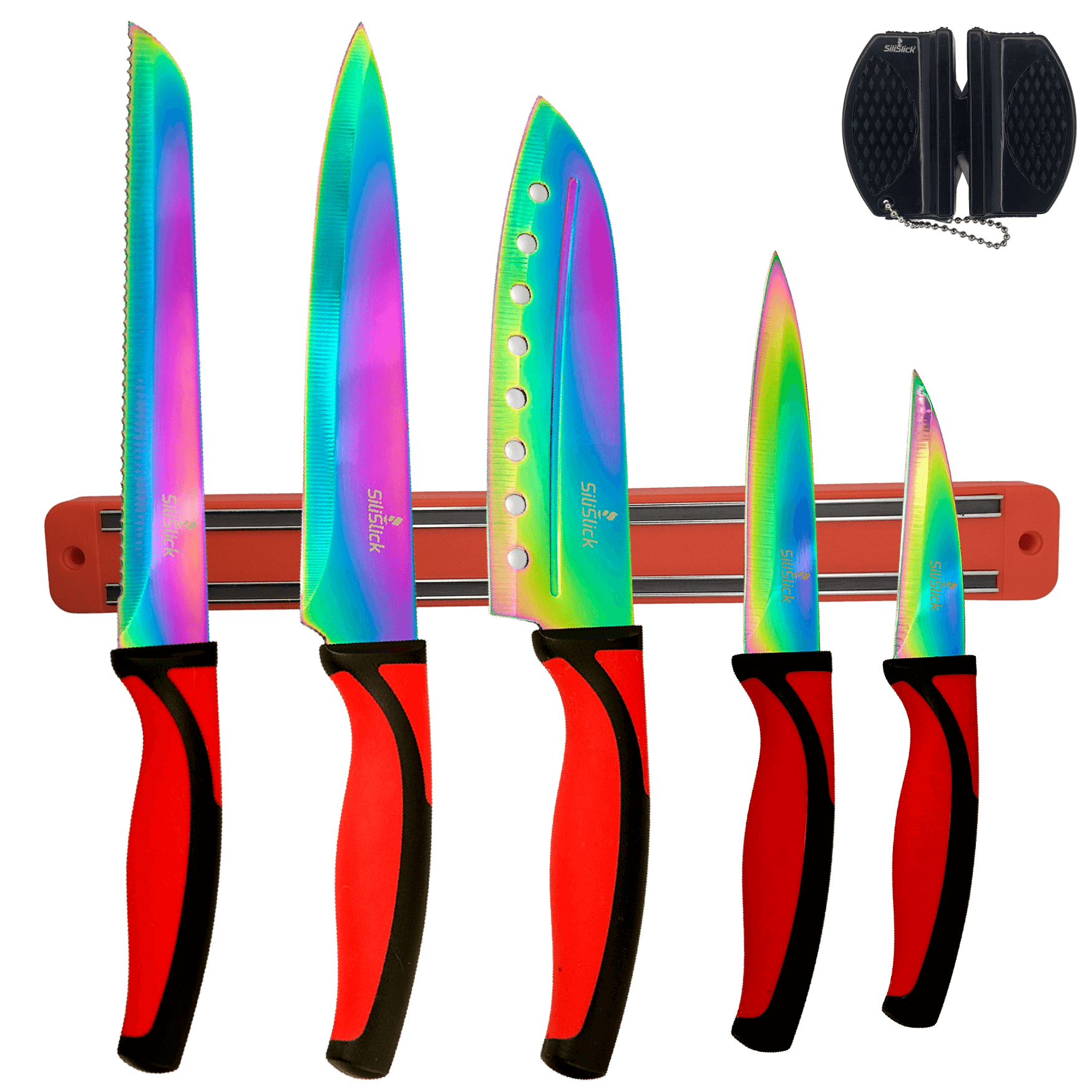 Kitchen Knife Set Kit | Red Handles | Red Magnetic Rack & sharpener